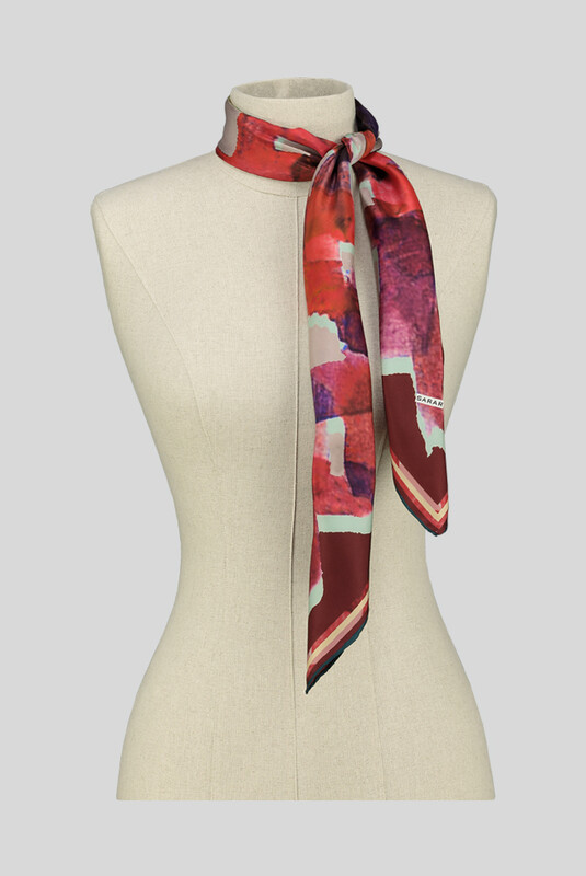Desenli Geometrik Bordo Twill İpek Eşarp - SARAR