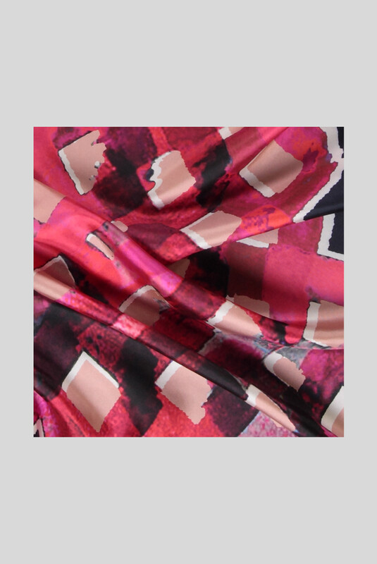 Desenli Geometrik Fuşya Twill İpek Eşarp - SARAR