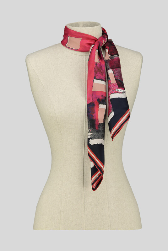 Desenli Geometrik Fuşya Twill İpek Eşarp - SARAR