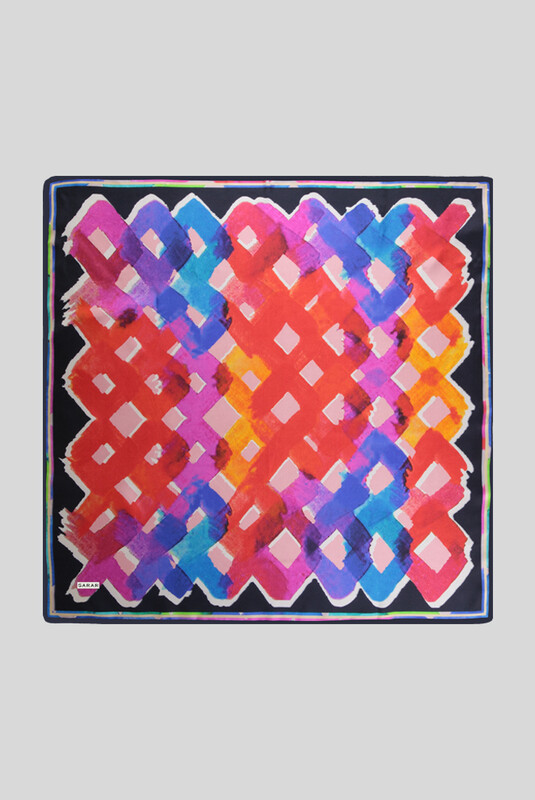 Desenli Geometrik Lacivert Twill İpek Eşarp 