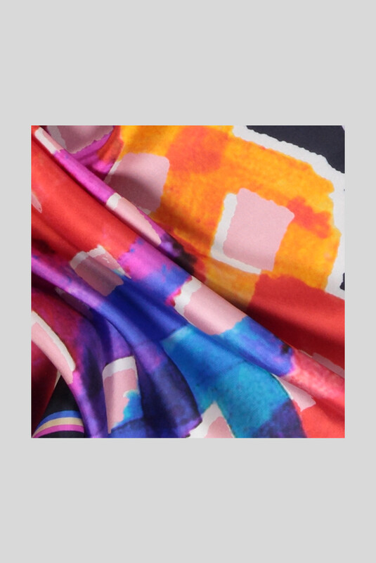 Desenli Geometrik Lacivert Twill İpek Eşarp - SARAR