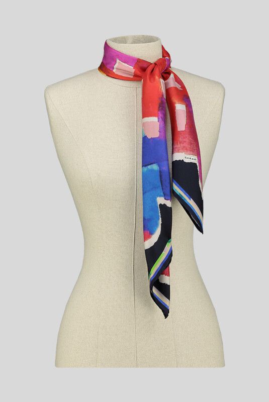 Desenli Geometrik Lacivert Twill İpek Eşarp - SARAR