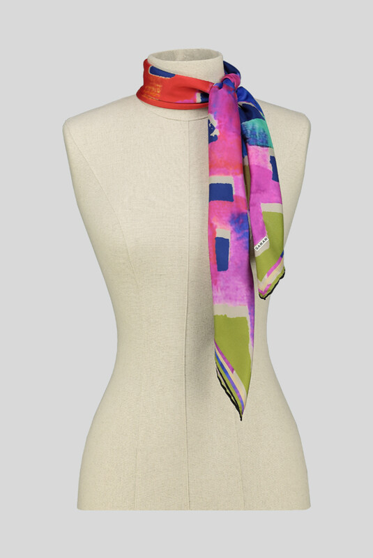 Desenli Geometrik Mavi Twill İpek Eşarp - SARAR