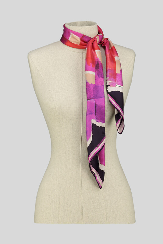 Desenli Geometrik Mor Twill İpek Eşarp - SARAR