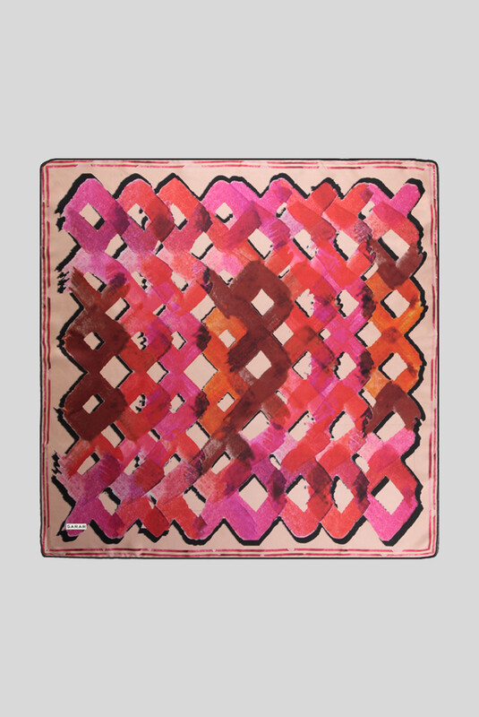Desenli Geometrik Pembe Twill İpek Eşarp 