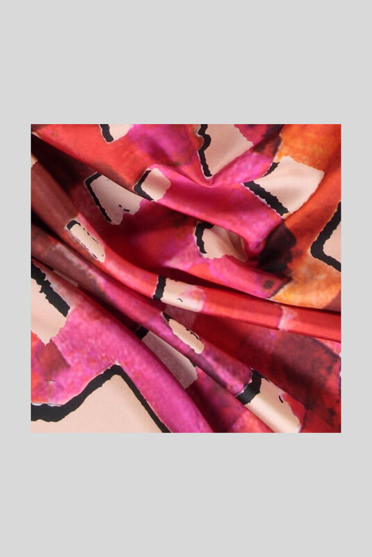 Desenli Geometrik Pembe Twill İpek Eşarp - SARAR