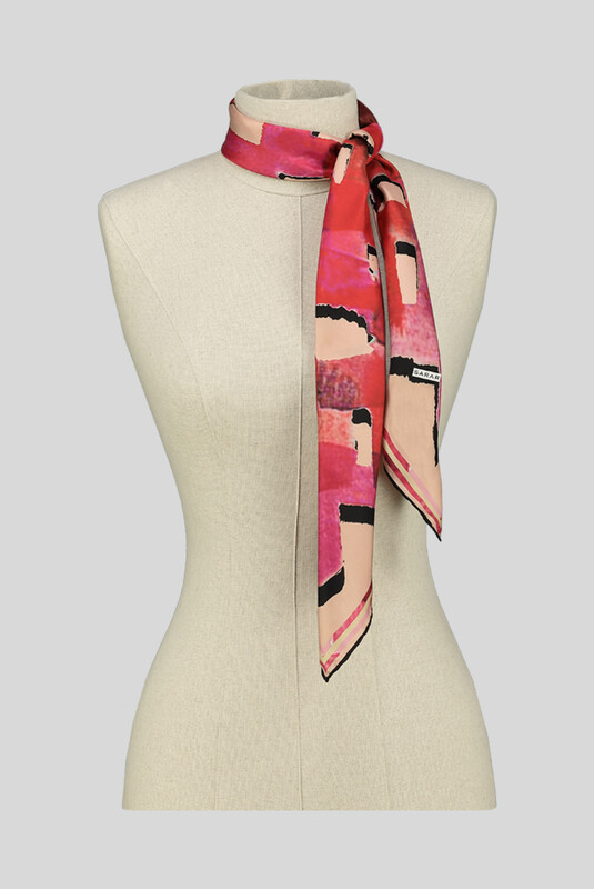 Desenli Geometrik Pembe Twill İpek Eşarp - SARAR