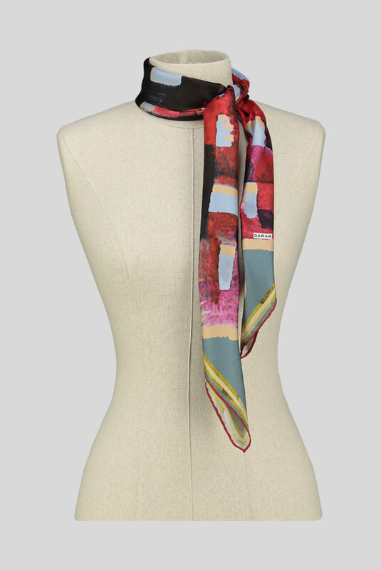 Desenli Geometrik Petrol Yeşili Twill İpek Eşarp - SARAR