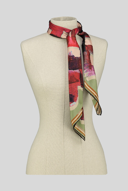 Desenli Geometrik Yeşil Twill İpek Eşarp - SARAR