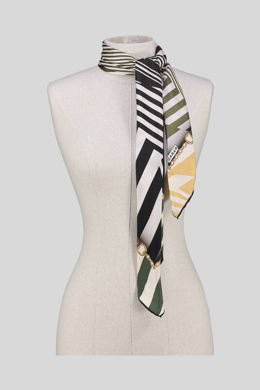 Geometrik Desen Twill Haki İpek Eşarp - 3