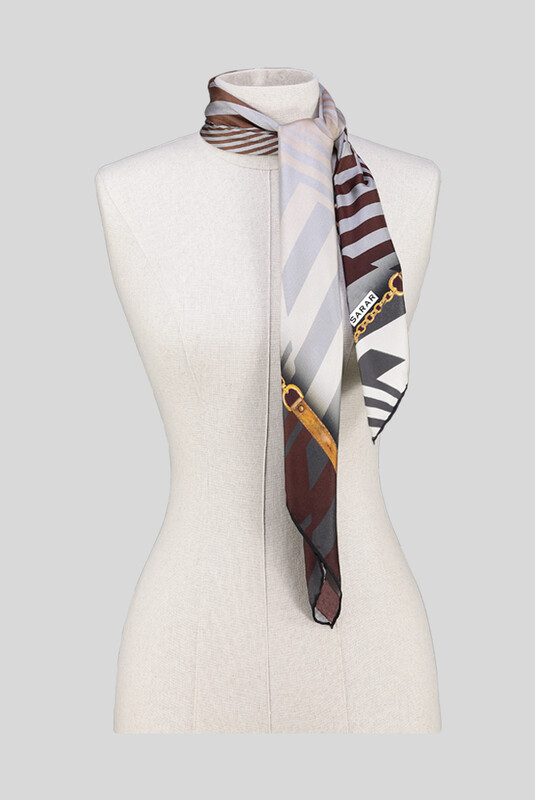 Geometrik Desen Twill Kahverengi İpek Eşarp - SARAR