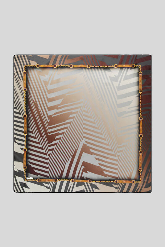 Geometrik Desen Twill Kahverengi İpek Eşarp - 1