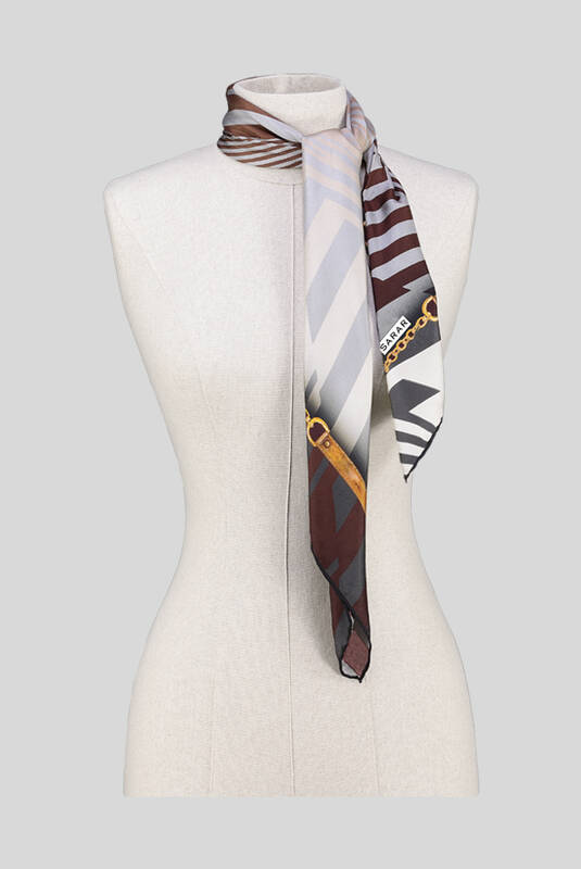 Geometrik Desen Twill Kahverengi İpek Eşarp - 3