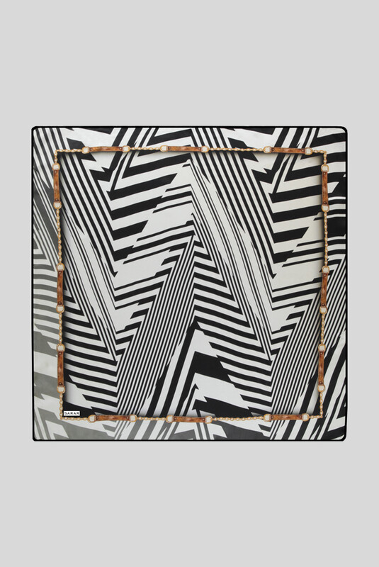 Geometrik Desen Twill Siyah İpek Eşarp - SARAR