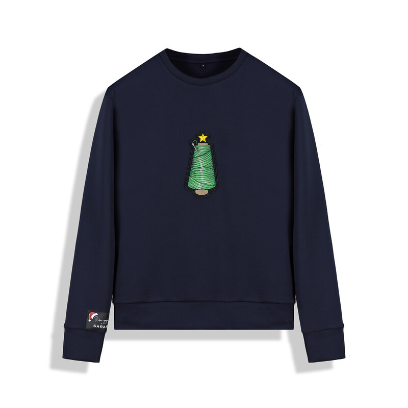 O Yaka İplik Ağaç Tasarım Lacivert Sweatshirt 