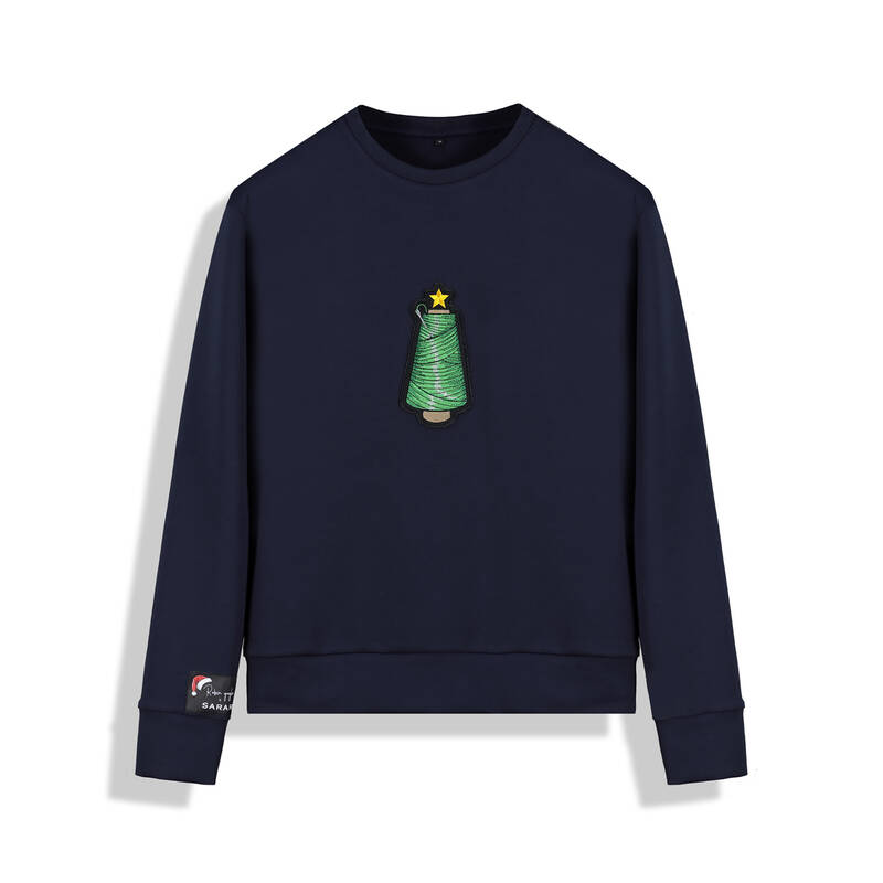 O Yaka İplik Ağaç Tasarım Lacivert Sweatshirt - 1