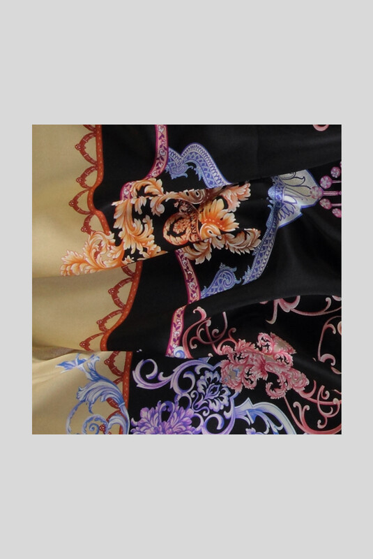 Klasik Desenli Gold Saten İpek Eşarp - SARAR