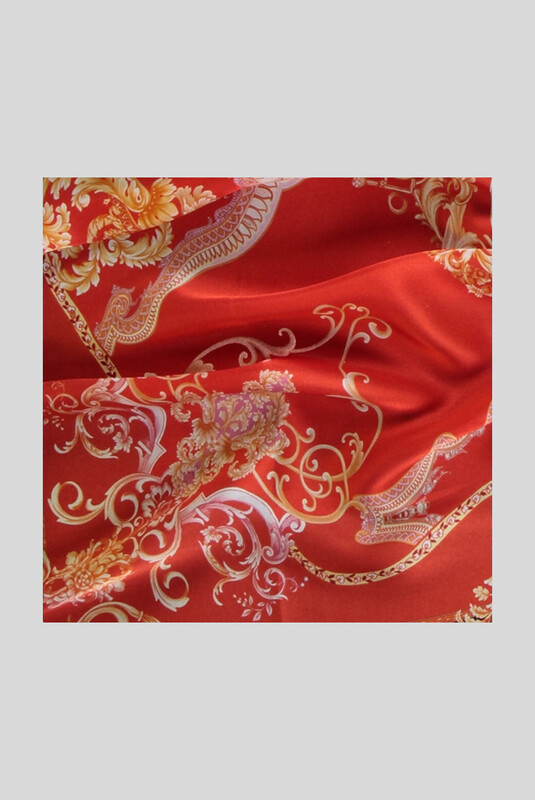 Klasik Desenli Kırmızı Saten İpek Eşarp - SARAR
