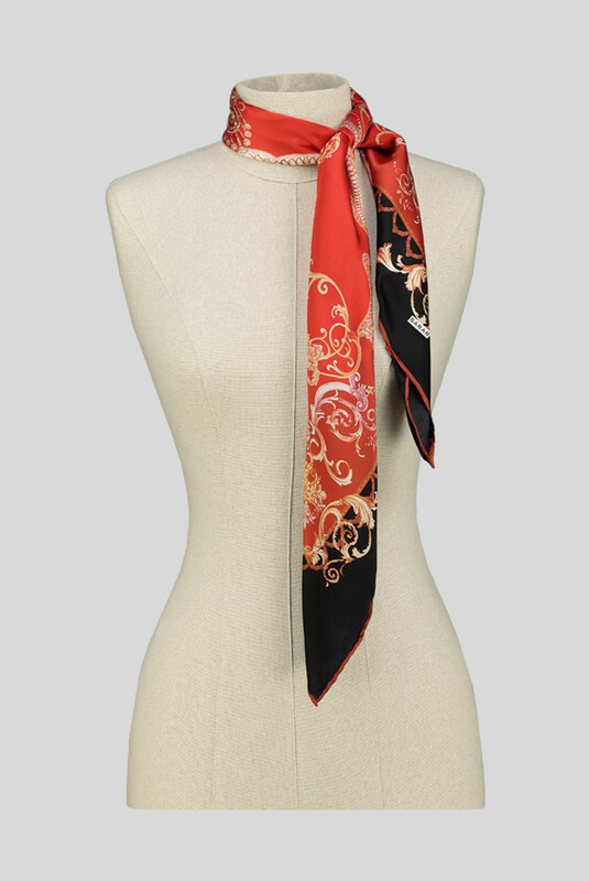 Klasik Desenli Kırmızı Saten İpek Eşarp - SARAR