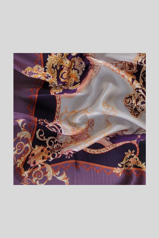Klasik Desenli Mor Saten İpek Eşarp - SARAR