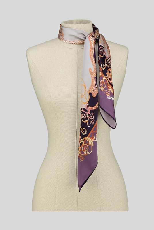 Klasik Desenli Mor Saten İpek Eşarp - SARAR