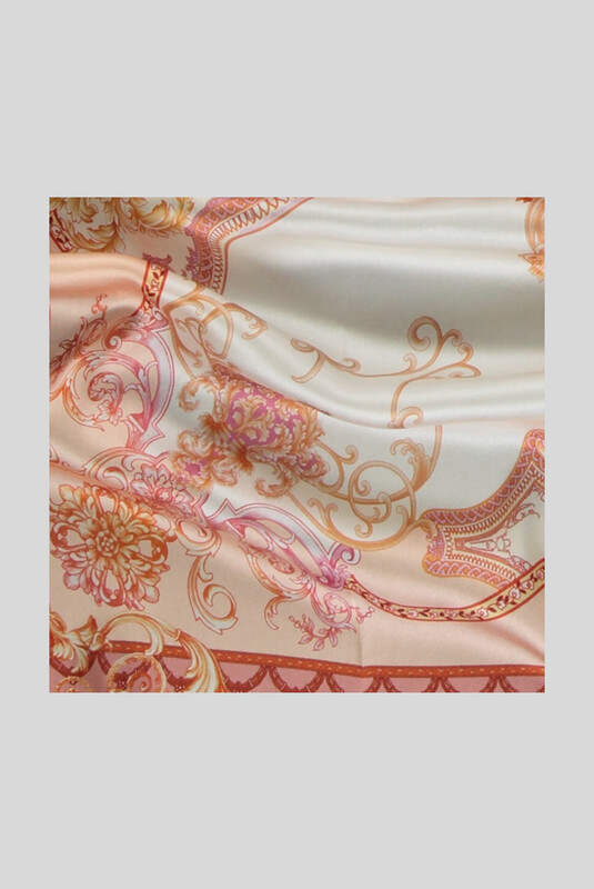 Klasik Desenli Pudra Saten İpek Eşarp - SARAR