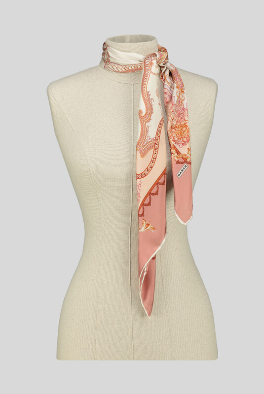 Klasik Desenli Pudra Saten İpek Eşarp - SARAR