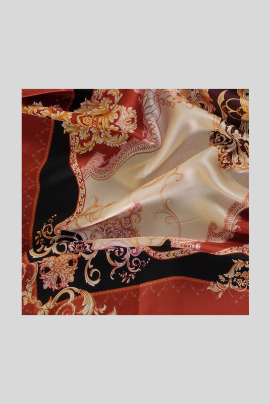 Klasik Desenli Taba Saten İpek Eşarp - SARAR