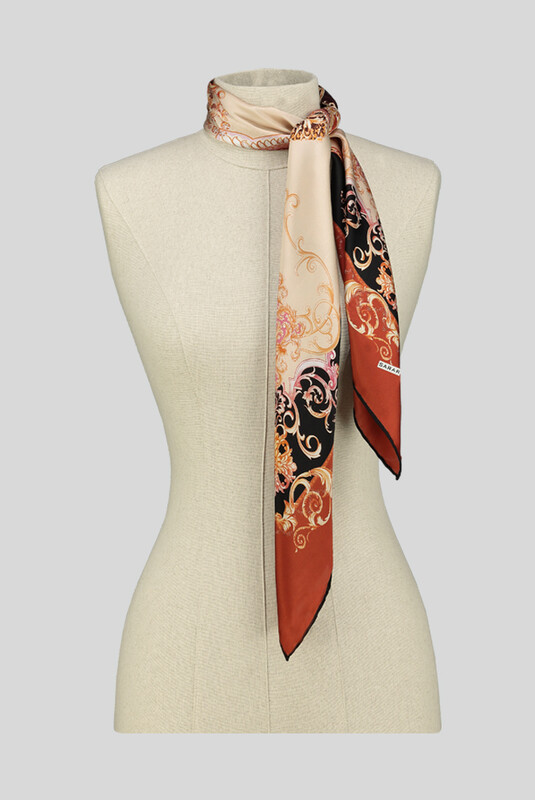 Klasik Desenli Taba Saten İpek Eşarp - SARAR