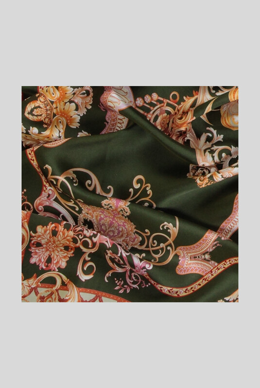 Klasik Desenli Yeşil Saten İpek Eşarp - SARAR