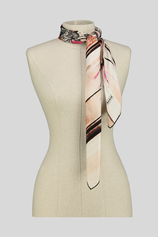 Desenli Klasik Kahverengi Twill İpek Eşarp - SARAR