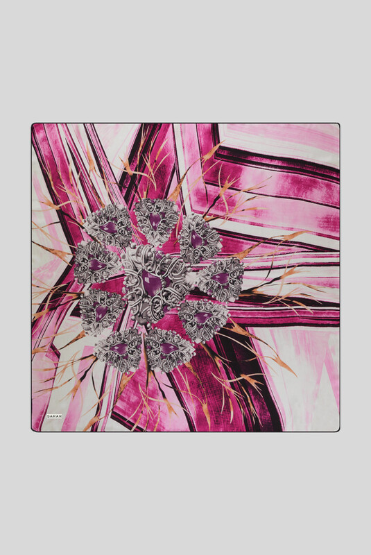 Desenli Klasik Pembe Twill İpek Eşarp 