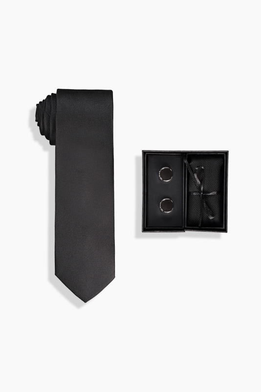 Kravat Mendil Kol Düğmesi Siyah Set - SARAR