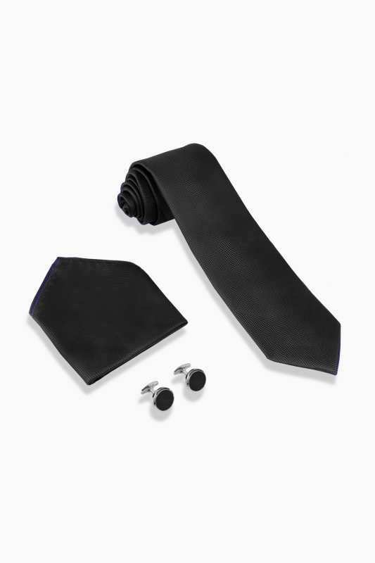 Kravat Mendil Kol Düğmesi Siyah Set - SARAR
