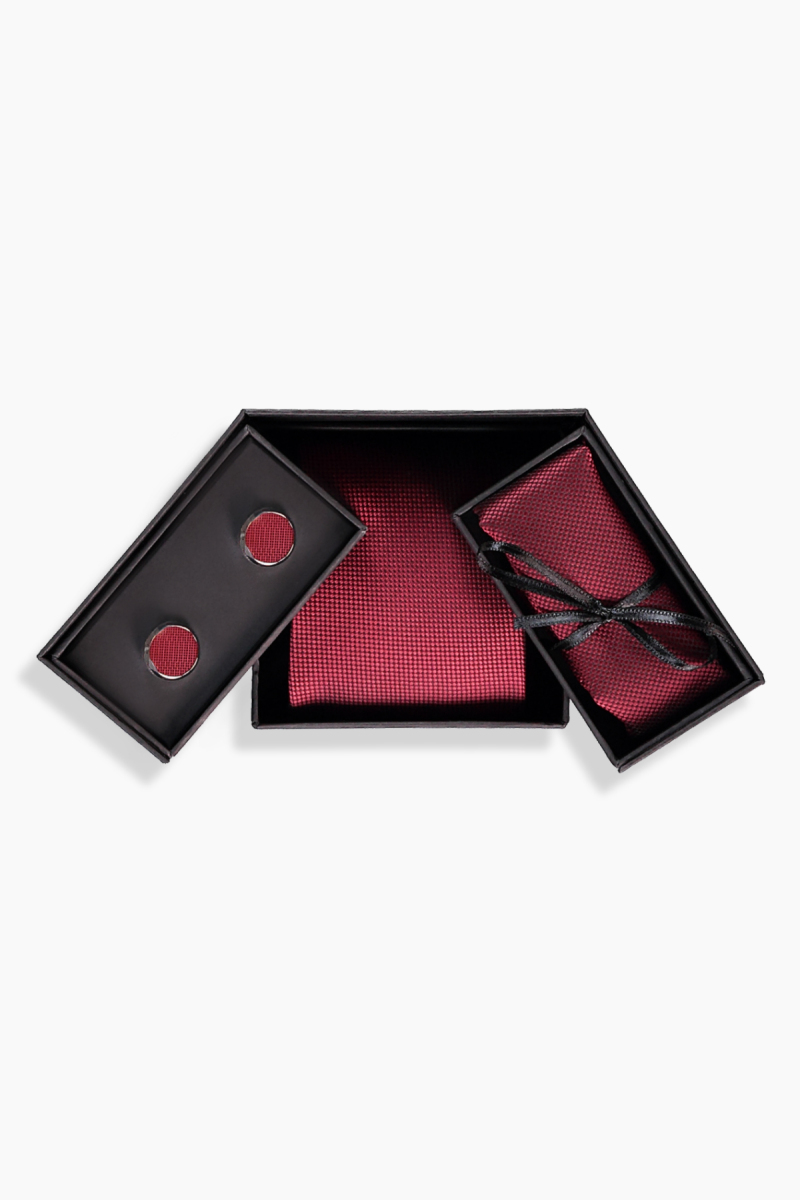 Kravat Mendil Kol Düğmesi Bordo Set - 1