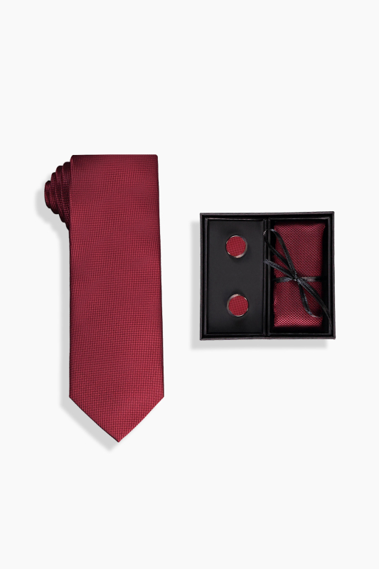 Kravat Mendil Kol Düğmesi Bordo Set - SARAR