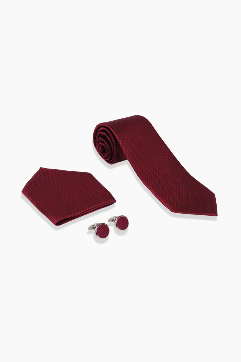 Kravat Mendil Kol Düğmesi Bordo Set - 3