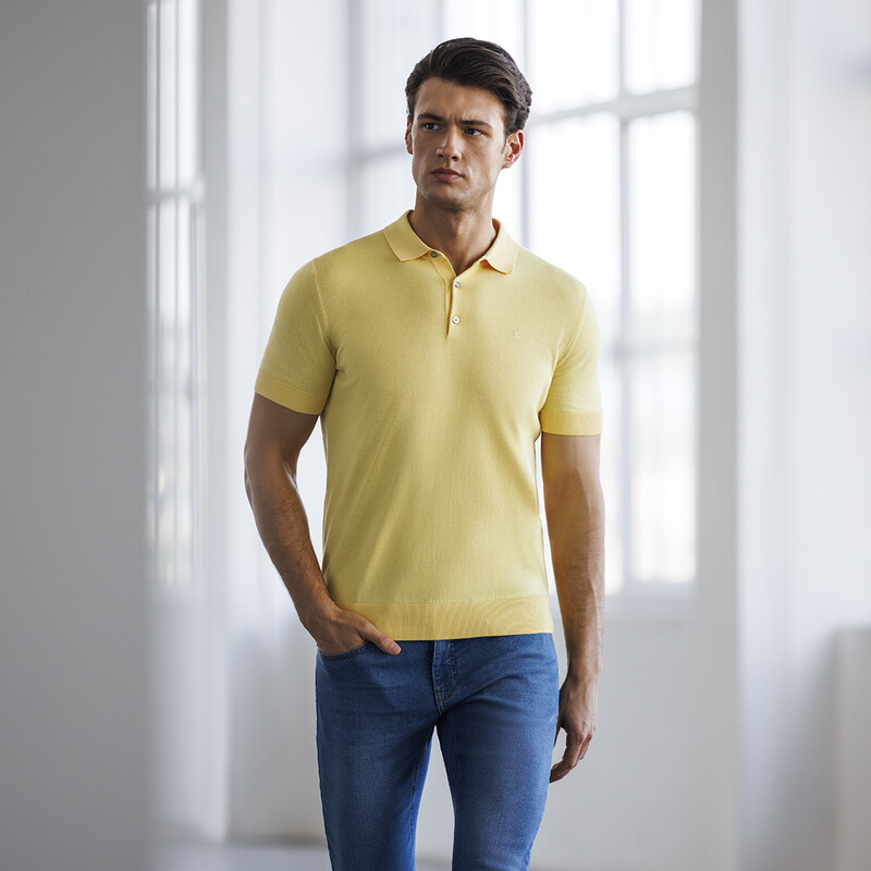 Polo Yaka Kısa Kol Pamuklu Sarı Triko - SARAR