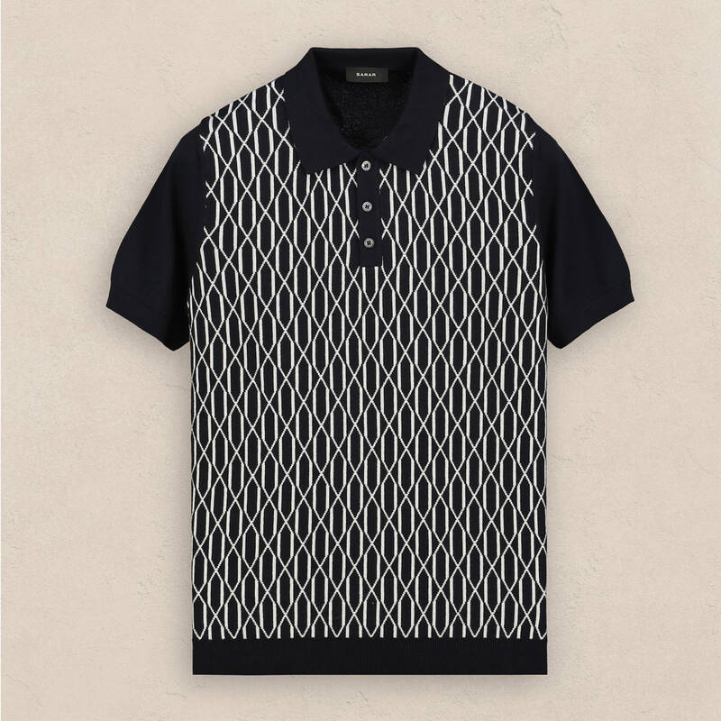 Polo Yaka Kısa Kol Önü Desenli Lacivert Triko - 1