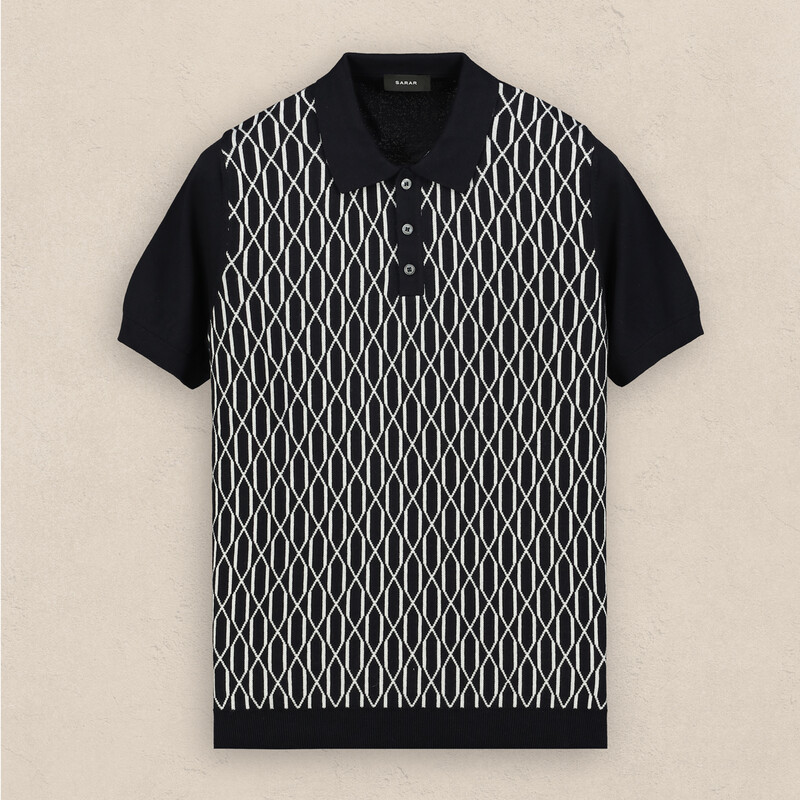 Polo Yaka Kısa Kol Önü Desenli Lacivert Triko - SARAR