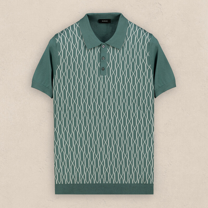 Polo Yaka Kısa Kol Önü Desenli Mint Yeşil Triko - SARAR