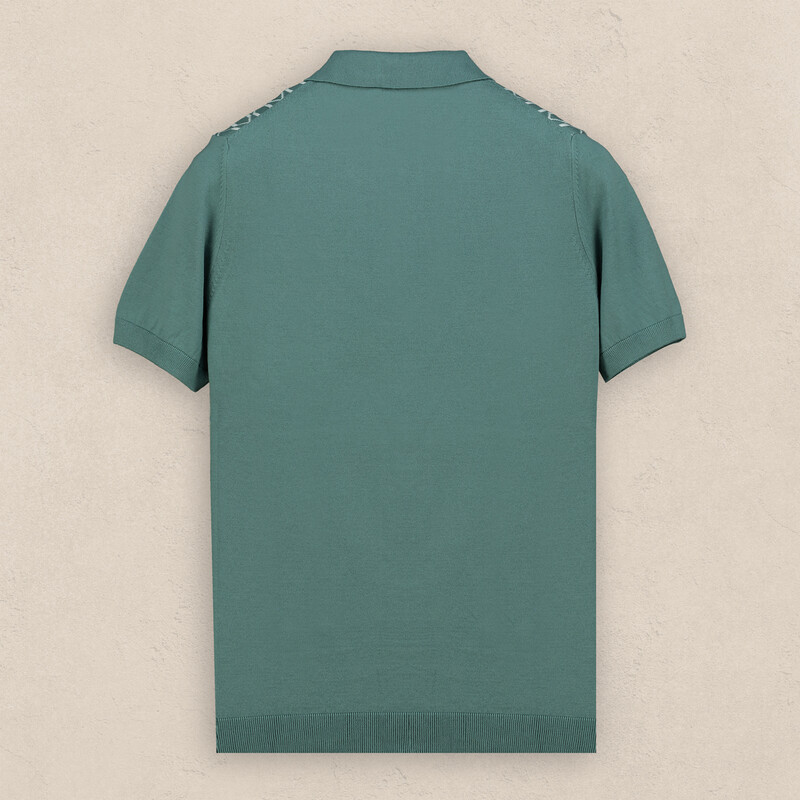 Polo Yaka Kısa Kol Önü Desenli Mint Yeşil Triko - SARAR