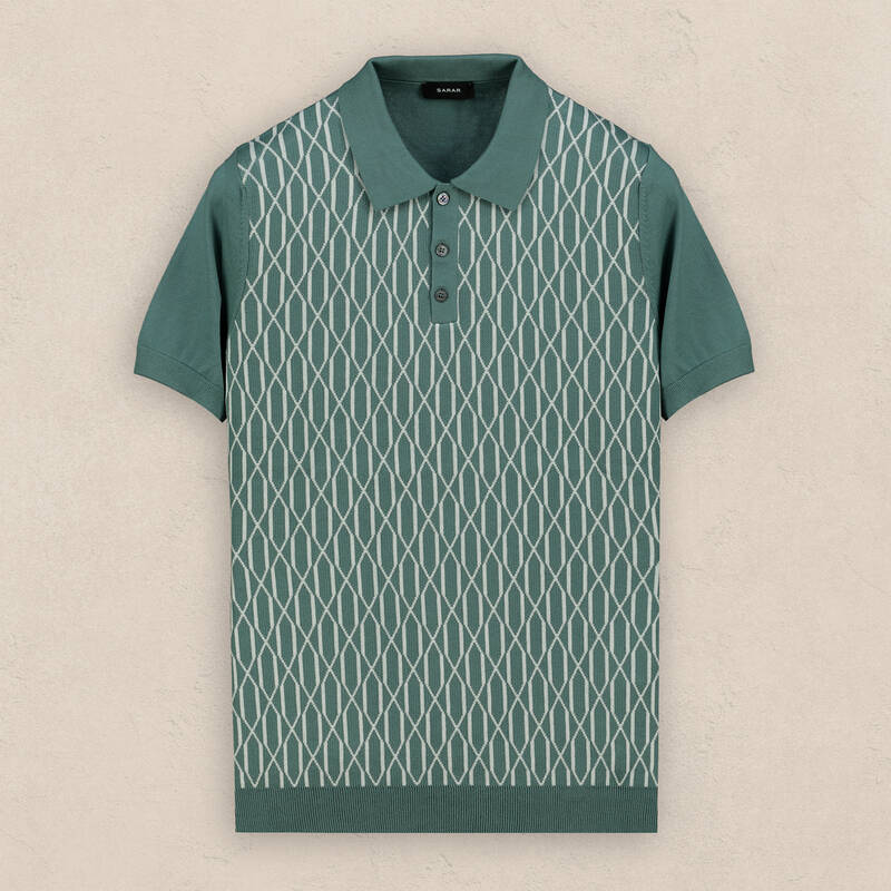 Polo Yaka Kısa Kol Önü Desenli Mint Yeşil Triko - 1