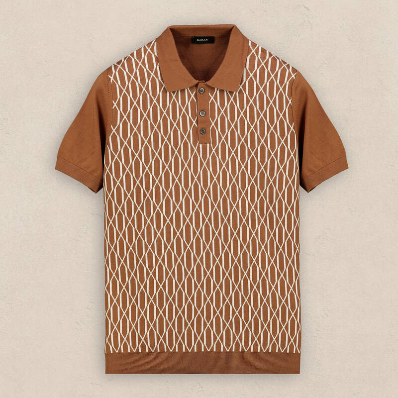 Polo Yaka Kısa Kol Önü Desenli Taba Triko - 2