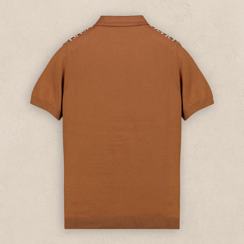 Polo Yaka Kısa Kol Önü Desenli Taba Triko - SARAR