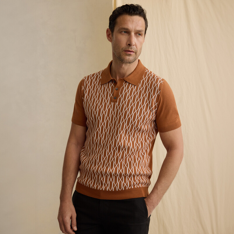 Polo Yaka Kısa Kol Önü Desenli Taba Triko - SARAR