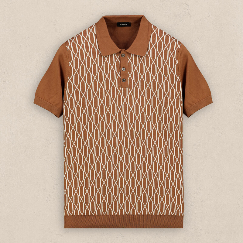 Polo Yaka Kısa Kol Önü Desenli Taba Triko - SARAR