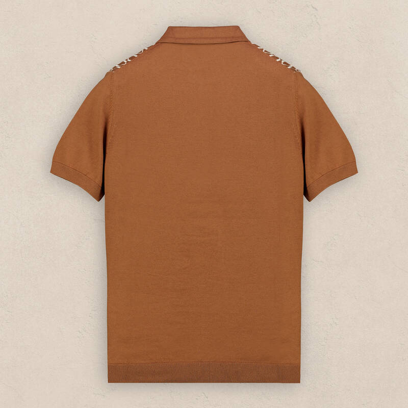 Polo Yaka Kısa Kol Önü Desenli Taba Triko - 3