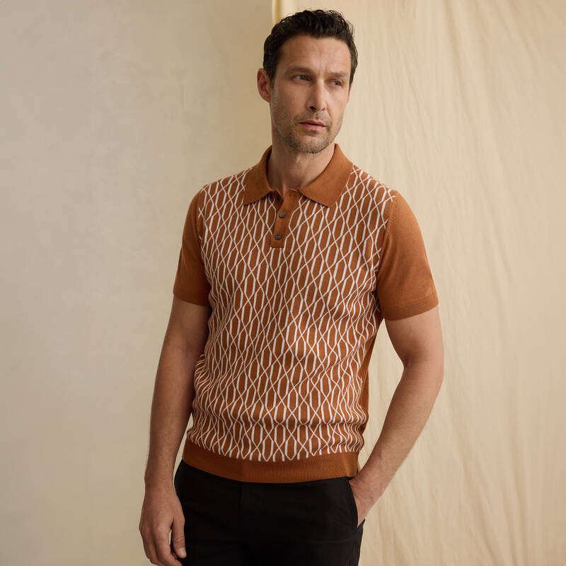 Polo Yaka Kısa Kol Önü Desenli Taba Triko - 1