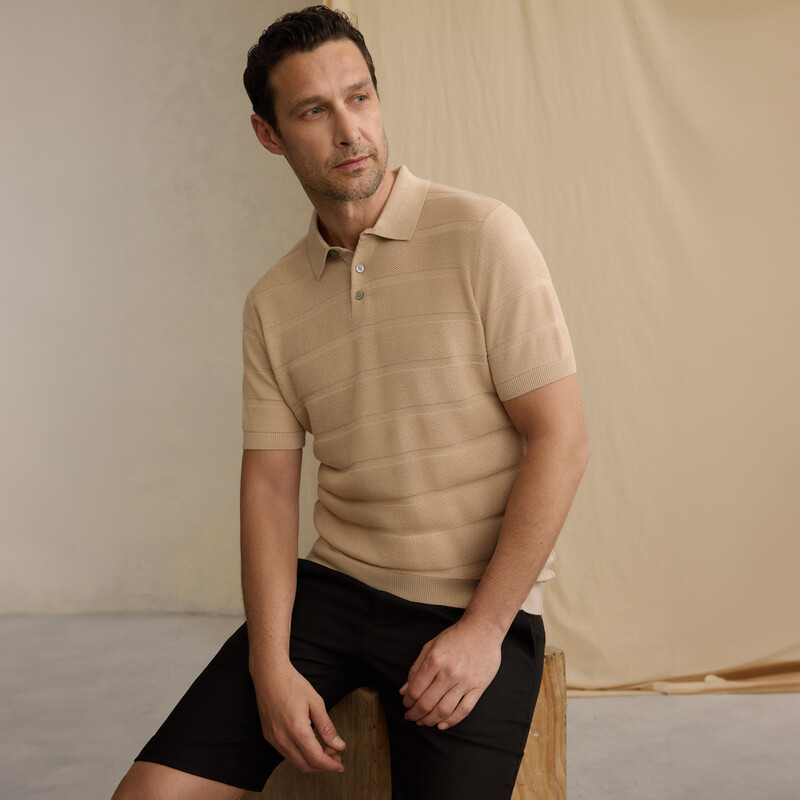 Polo Yaka Kısa Kol Bej Çizgili Triko 